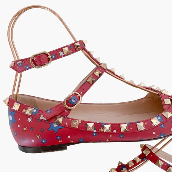 Valentino Garavani Rockstud Caged Flats EU 37.5 US 7.5 Red Stars Studded Ballet - Picture 11 of 13